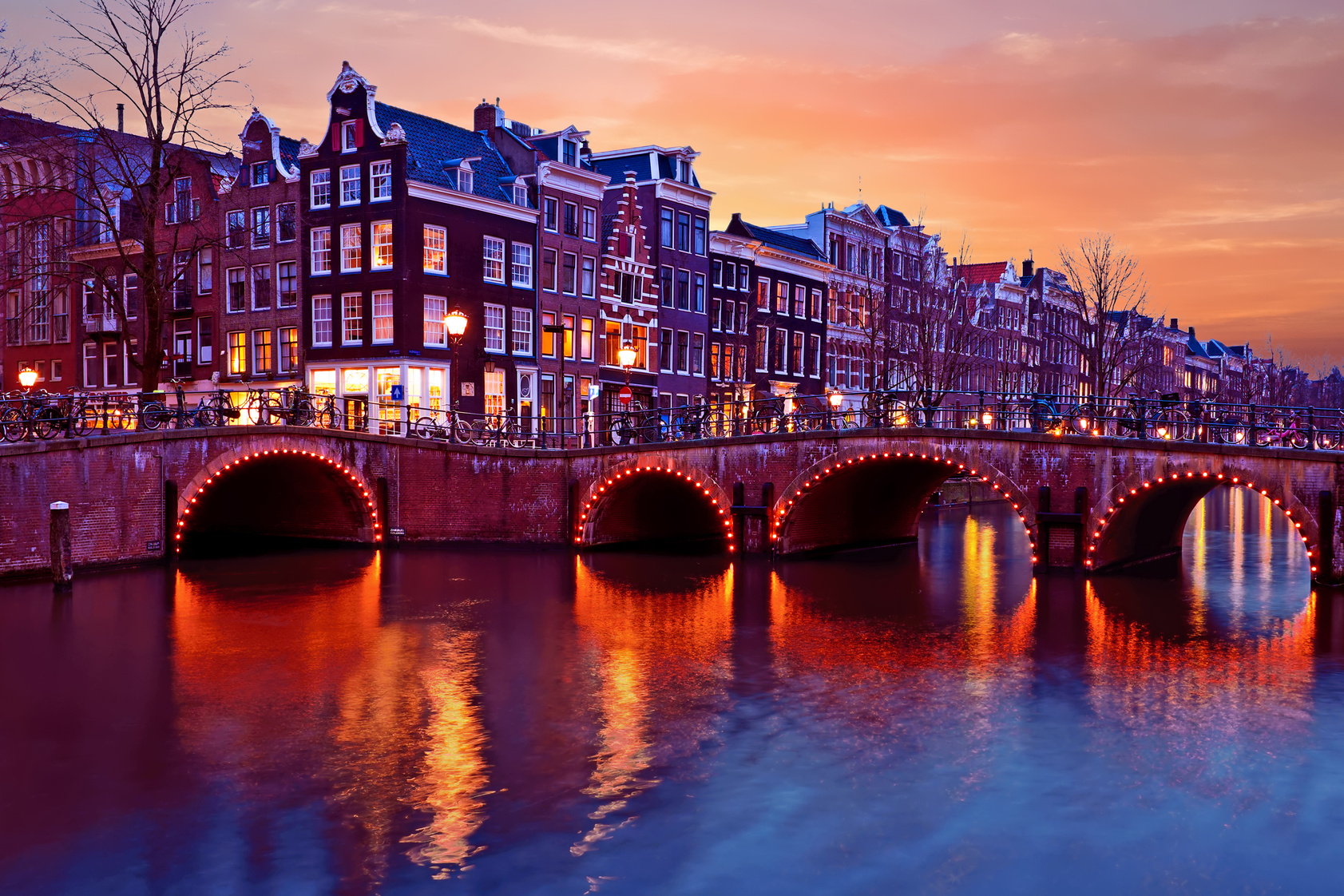 City scenic from Amsterdam Netherlands at sunset