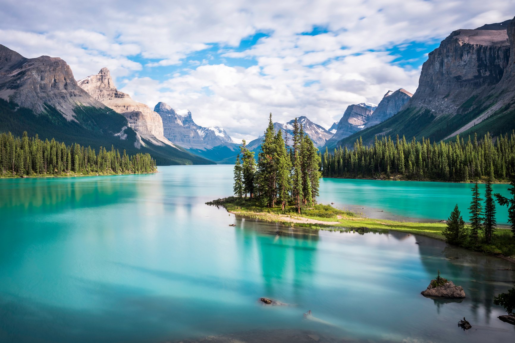 Spirit Island in Maligne Lake at Sunset, Jasper National Park, Alberta, Canada