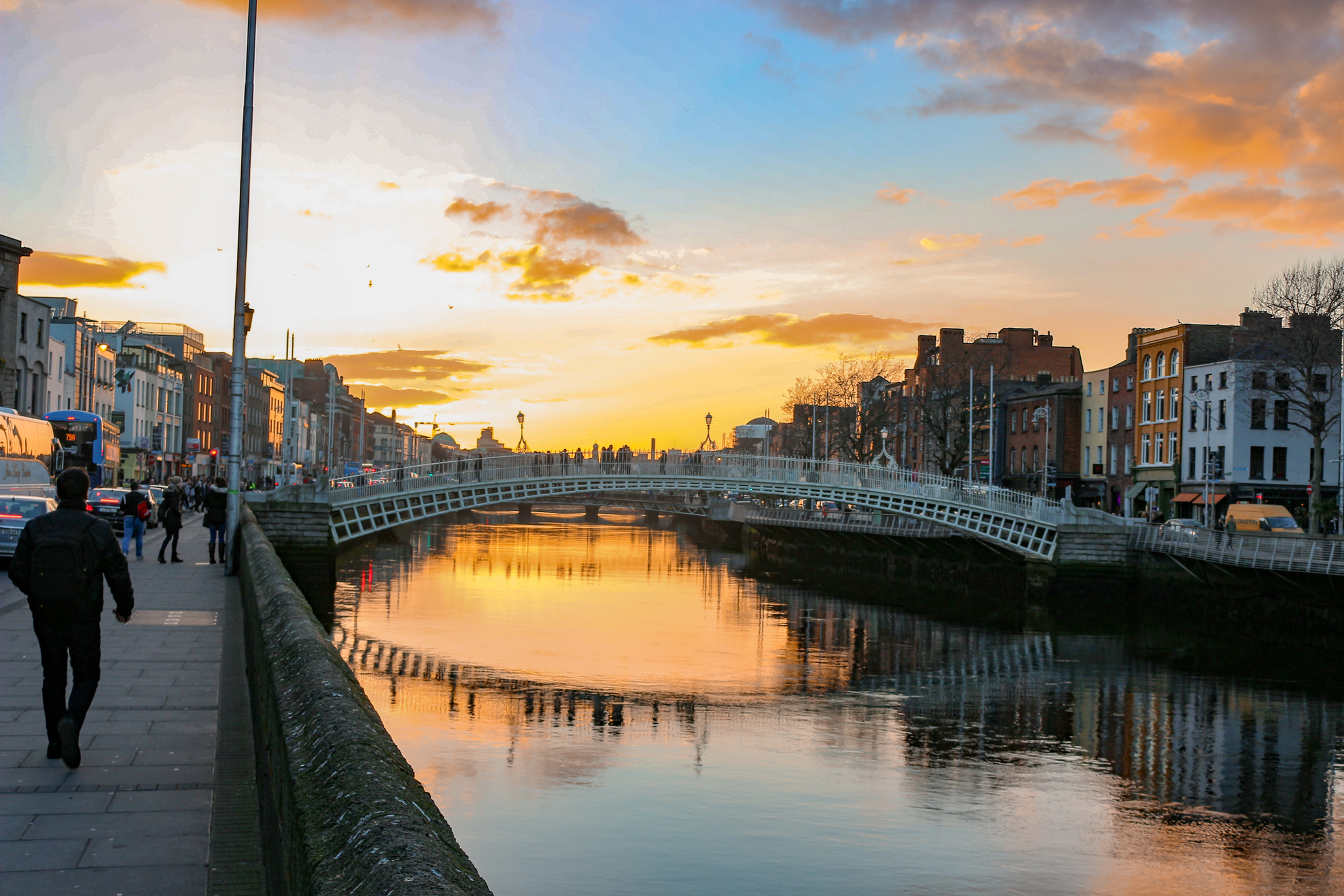 Dublin Night Scene with Ha'penny Bridge and Liffey River Lights