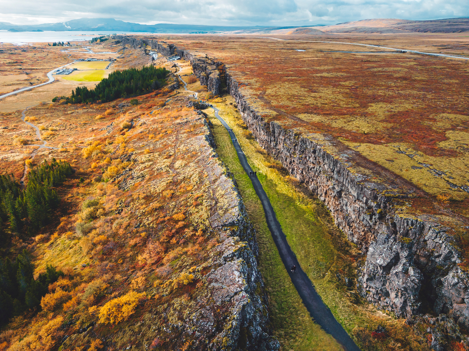 Aerial view of Thingvellir National Park, where two tectonic plates meet