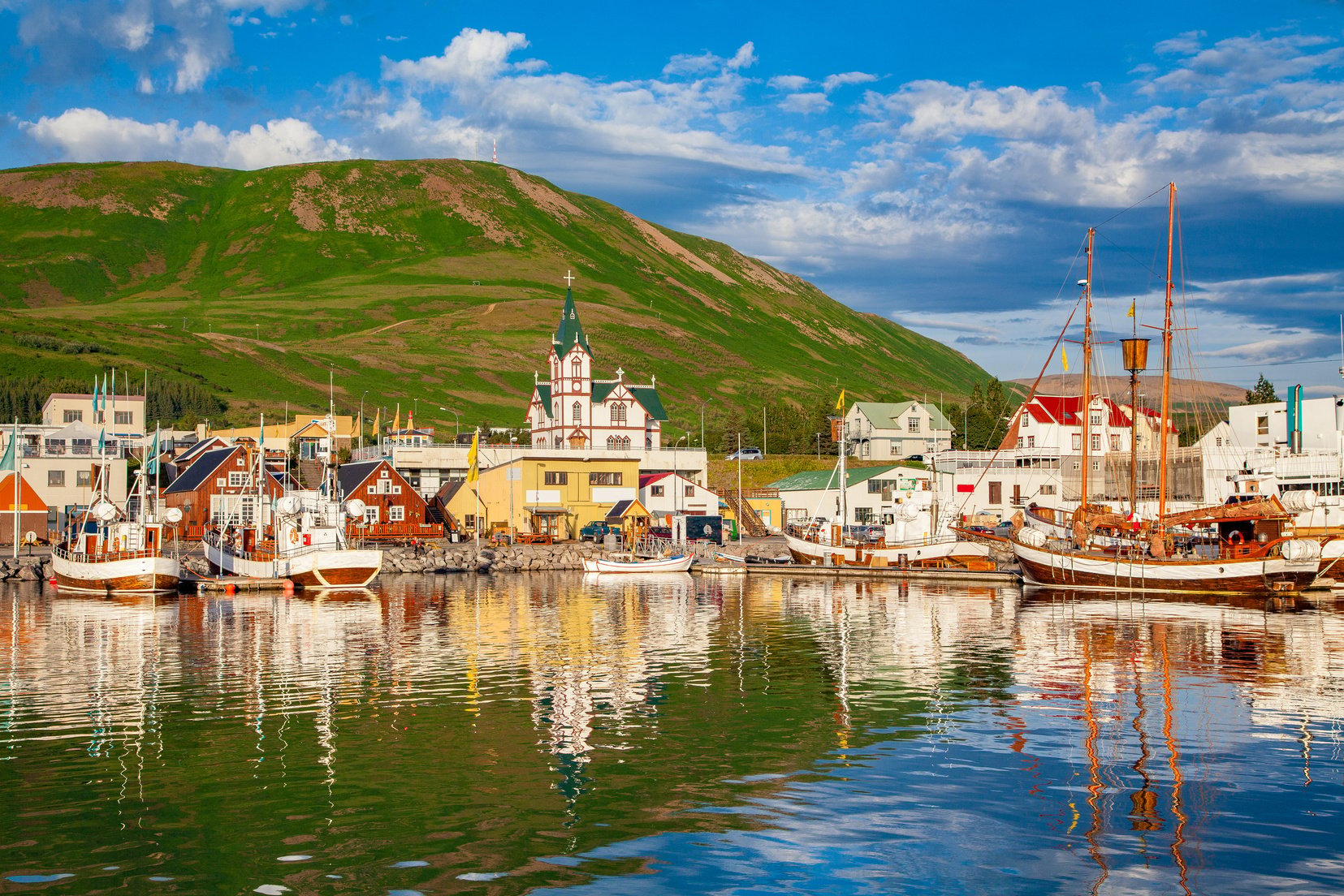 Town of Husavik at sunset, north coast of Iceland